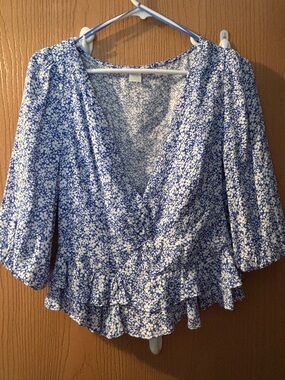 Muse Blue and White Floral Wrap Peplum Blouse